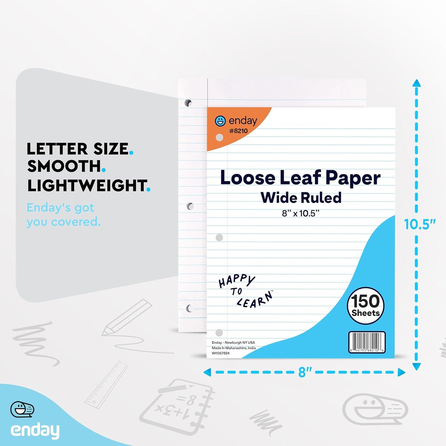 Loose Leaf Paper Wide Ruled Notebook Paper, 8" x 10.5" Filler Paper White, 3 Hole Punched Binder Paper for 3 Ring Binders, Lined Paper 150 Sheets Per Pack (2 Pack) - By Enday