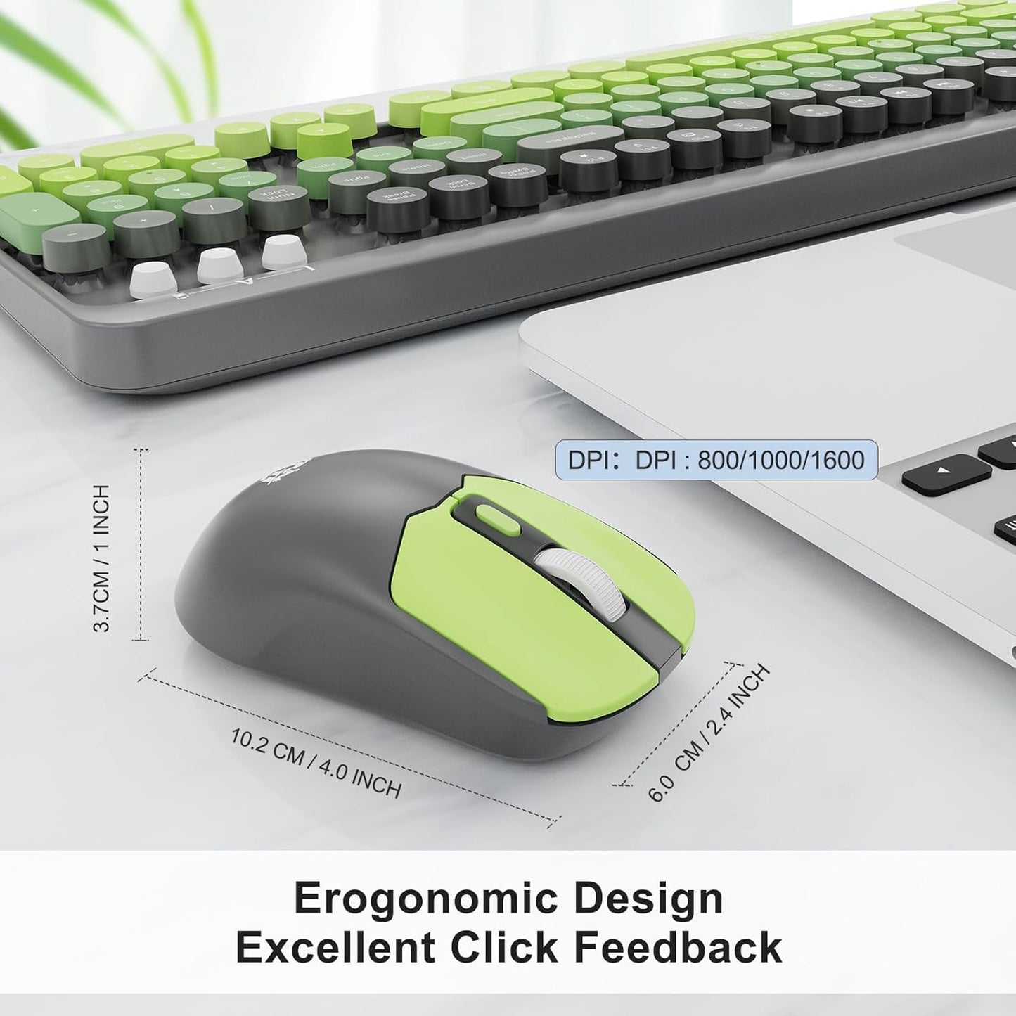 FOPETT Wireless Keyboard and Mouse Combo - 2.4G Full-Sized Cute Colorful Mouse and Keyboard with 104 Round Keys Retro Typewriter Keyboard for Laptop/Windows/PC - Green Gradient