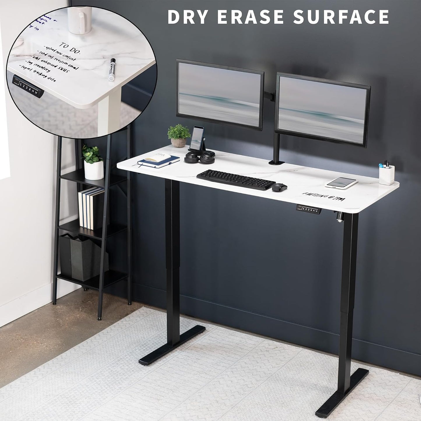 VIVO Electric Dry Erase 60 x 24 in Standing Desk, Memory Height Adjustment, 1B Series, White Marble Pattern Top, Black Frame, DESK-KIT-1B6WM
