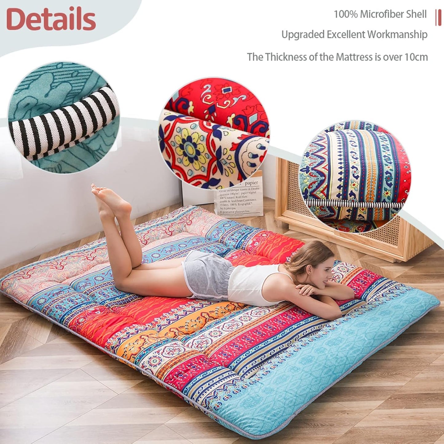 MAXYOYO Bohemian Retro Vintage Floral Japanese Futon Mattress Roll Up Tatami Floor Mat Foldable Bed Portable Camping Mattress Sleeping Pad Floor Lounger Couch Bed, King