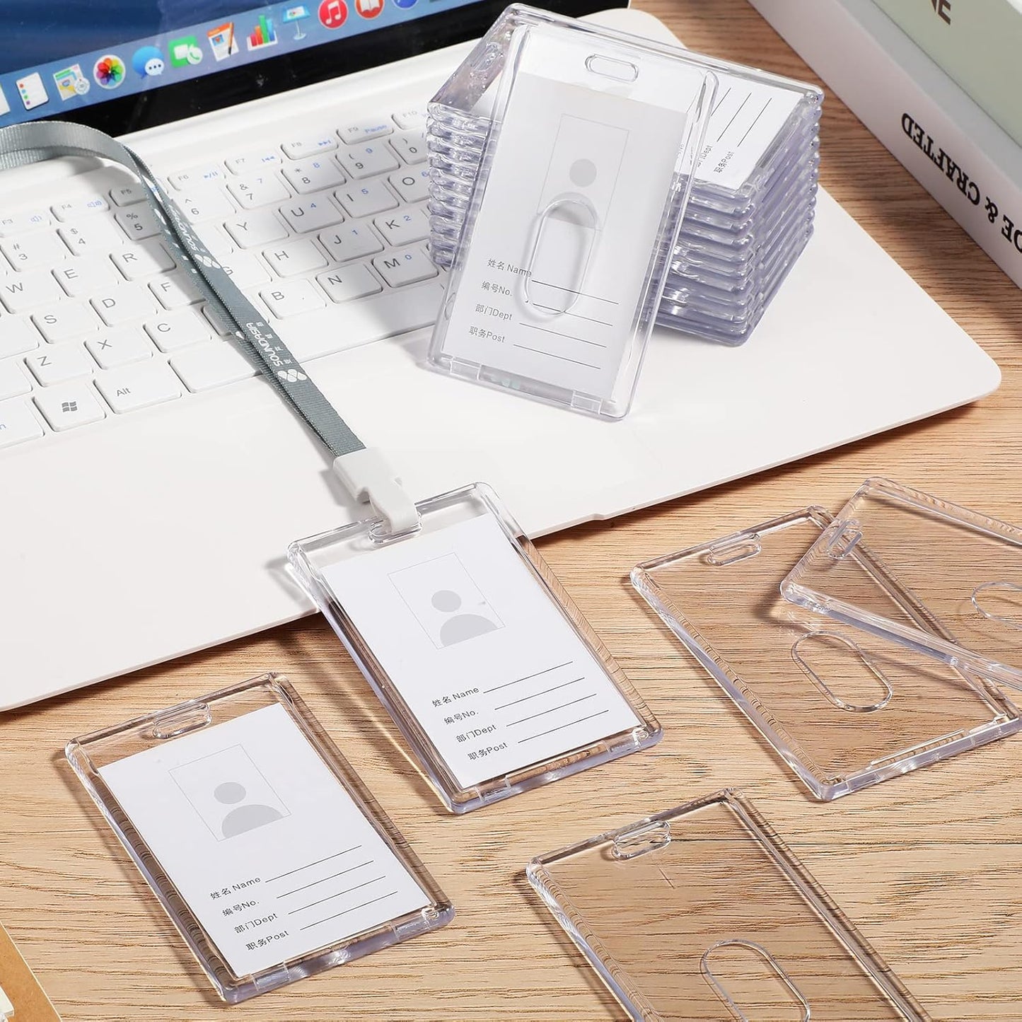 Chinco 120 Pcs Vertical Acrylic Badge Holders Waterproof Clear ID Holder Heavy Duty Card Holder Plastic Protector Cover Transparent Badge Protector Vertical in Office Products
