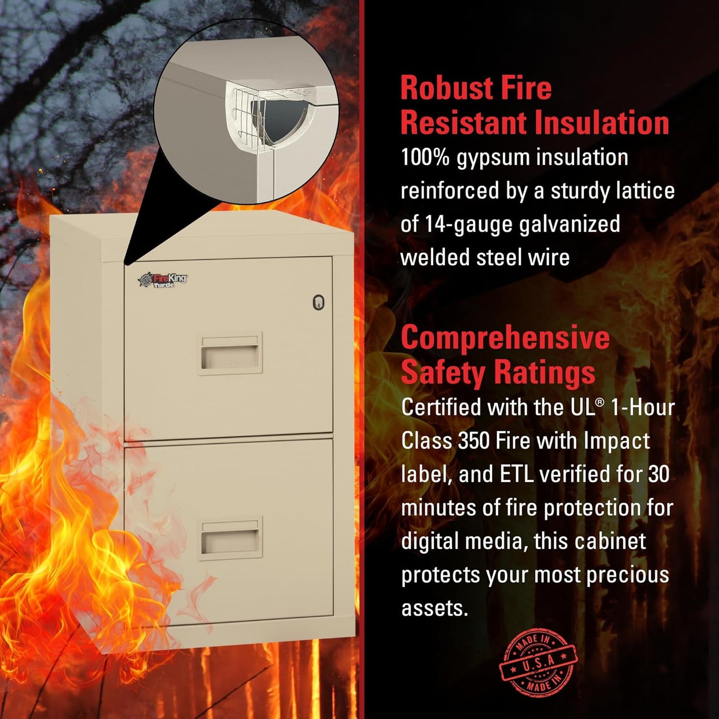 FireKing Turtle Vertical 2 Drawer Legal and Letter Fire Safe File Cabinet with Key Lock, 1 Hour Fire Rated, UL Rated & Water Resistant Home Safe, Filing Cabinet, Made in The USA, Parchment