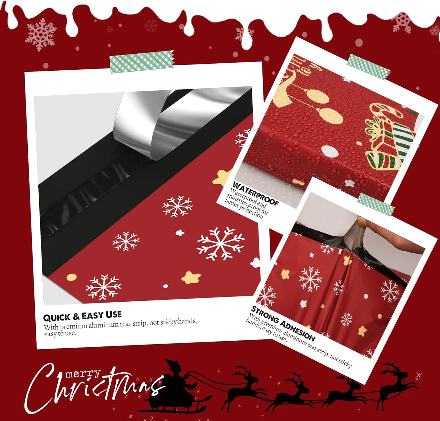 Christmas Poly Mailer 10x13 Inch 100 Pcs, Waterproof Shipping Bags for Clothing, Tear-Resistant Mailier Bags, Strong Mailing Bags with Self-Seal - Red Merry Christmas