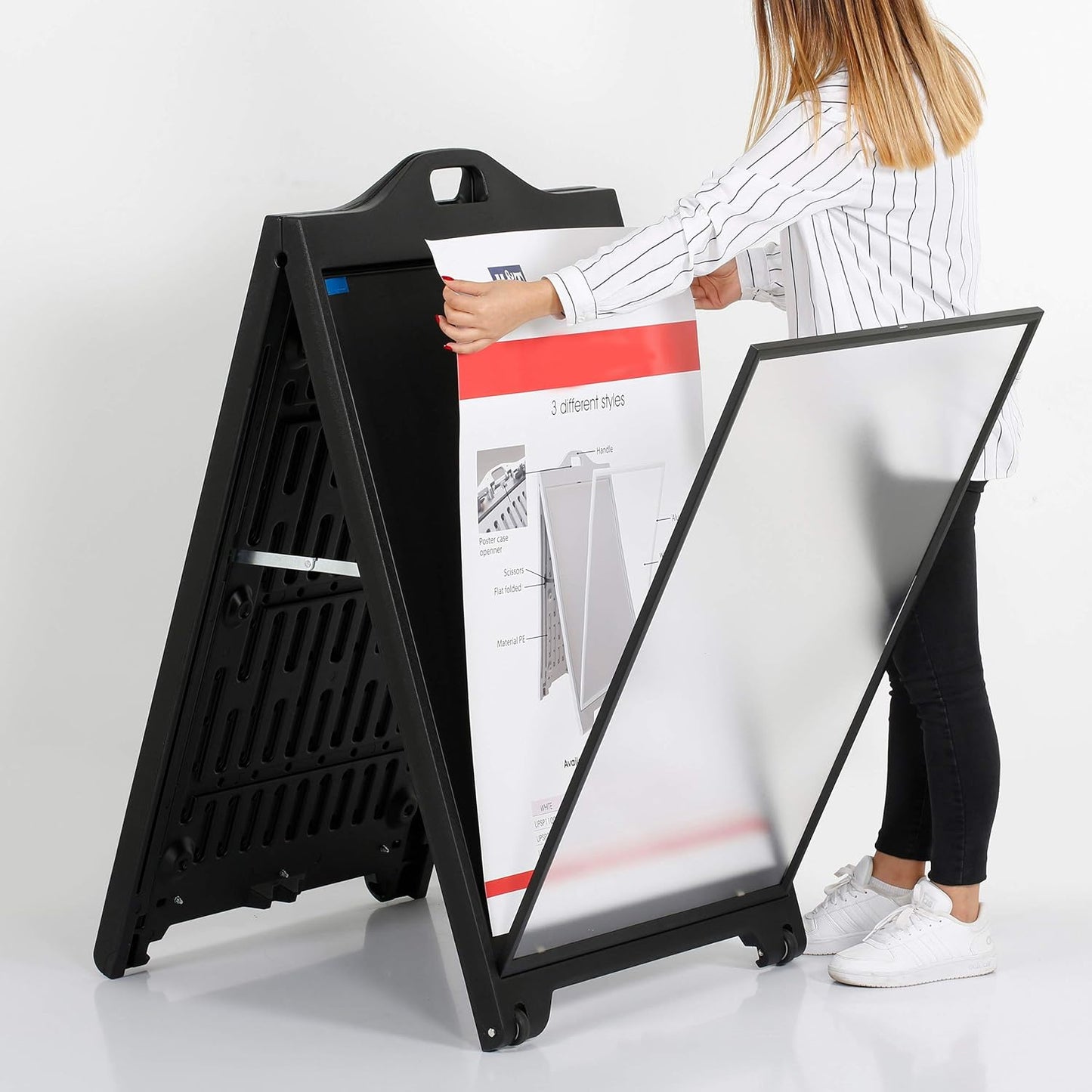 M&T Displays Street SignPro with Lens Protective Cover, 24x36 Inch Poster Black Double Sided Sandwich Board Folding A-Frame Sidewalk Curb Sign Portable Advertising Display for Restaurant Cafe