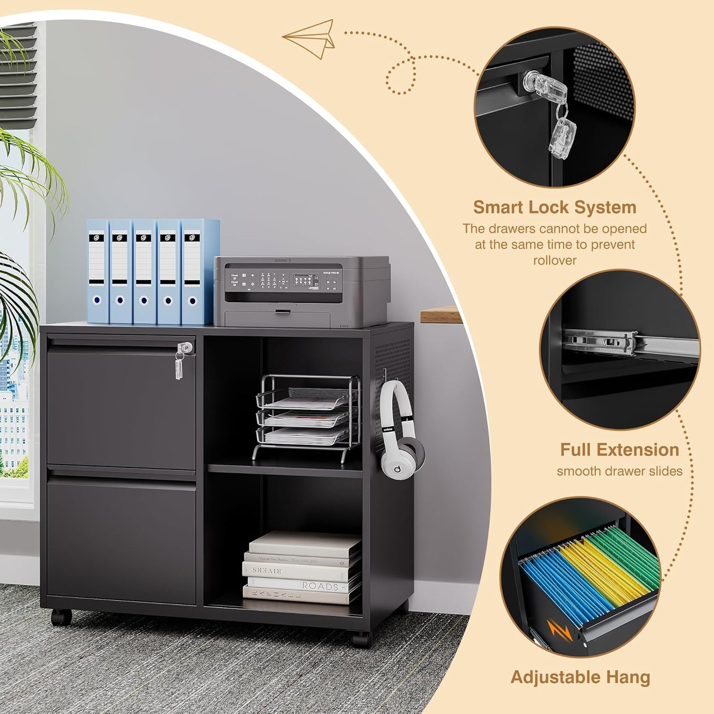 Lateral 2 Drawer Filing Cabinet with Lock, Mobile File Cabinet on Wheels, Printer Stand with Storage for Legal/Letter/A4 File Folders (Blcak)