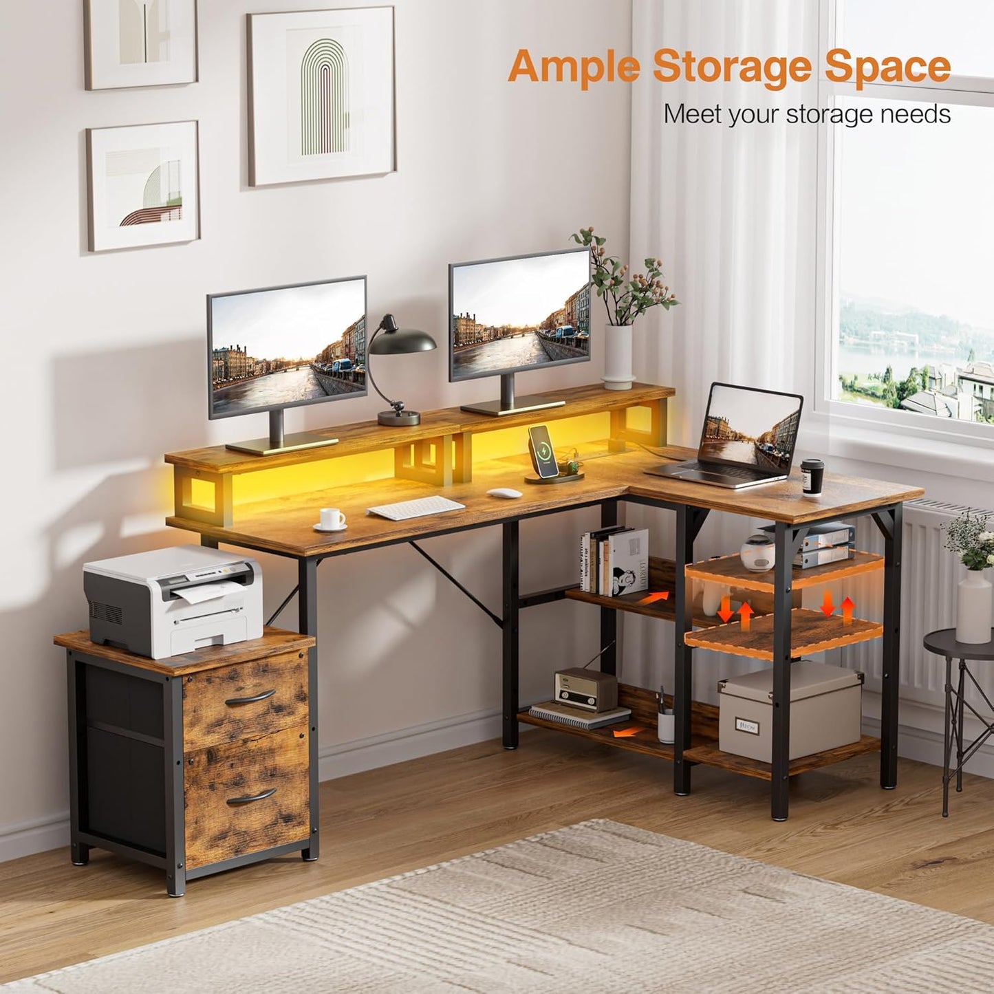 YOUNGAR 69.3" Home Office Desk with Storage, Reversible L Shaped Computer Desks, Corner Gaming Office Desk with 2 File Drawers&Power Outlet, Vintage