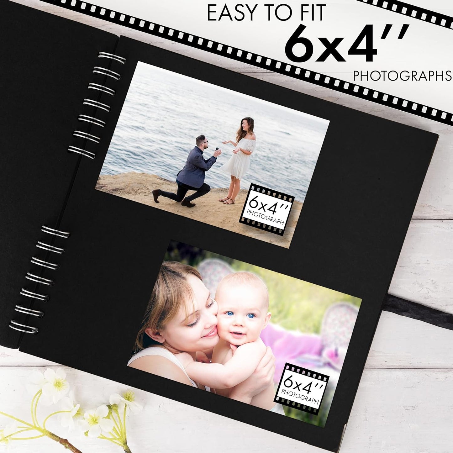 Bstorify 10 x 10 Inches Scrapbook Album 70 Pages Black Thick Kraft Paper Corner Protectors, Ribbon Closure - Ideal for Your Scrapbooking, Art & Craft Projects (Black, 10 x 10 Inch)