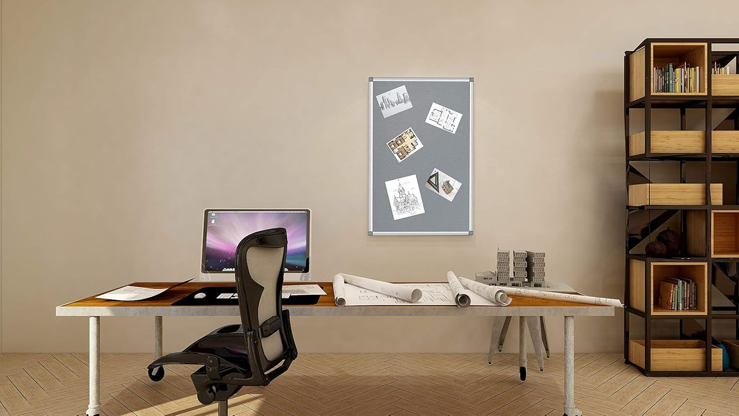 BIBOC Grey Fabric Bulletin Board, 36 x 24 inch, Wall Mounted Fabric Notice Board Cork Bulletin Board, Felt Board, Pin Board, Memo Board Sliver Aluminum Framed for Homes or Offices School
