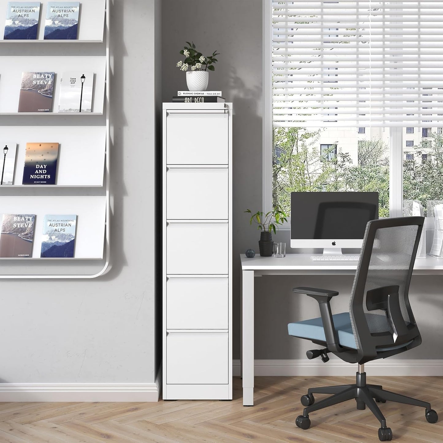 5 Drawer File Cabinet with Lock,Metal Vertical Filing Cabinets for Home Office,Heavy Duty File Storage Cabinet for Letter/Legal/A4/F4 Size File,Assembly Require (White, Vertical 5 Drawer)