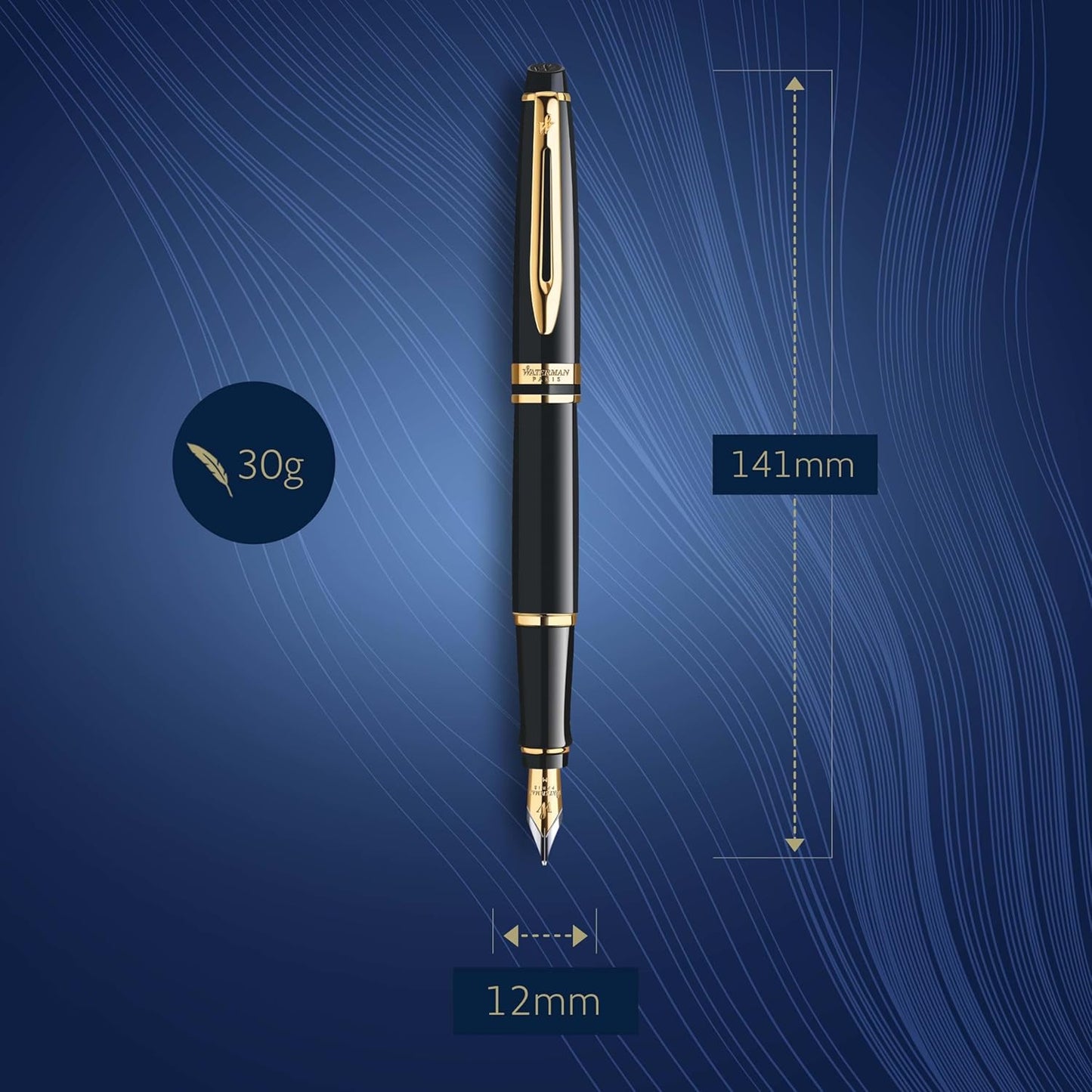 Waterman Expert Fountain Pen, Gloss Black with 23k Gold Trim, Fine Nib, Luxury Fountain Pen in Gift Box, Fountain Pen for Writing