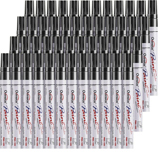 Overseas 48 Black Paint Pens, Oil Based Permanent Markers Set - Quick Drying, Waterproof, Fade-Resistant, Medium Tip Paint Markers Bulk for Wood, Metal, Rock, Ceramic, Plastic, Canvas, Glass, Rubber
