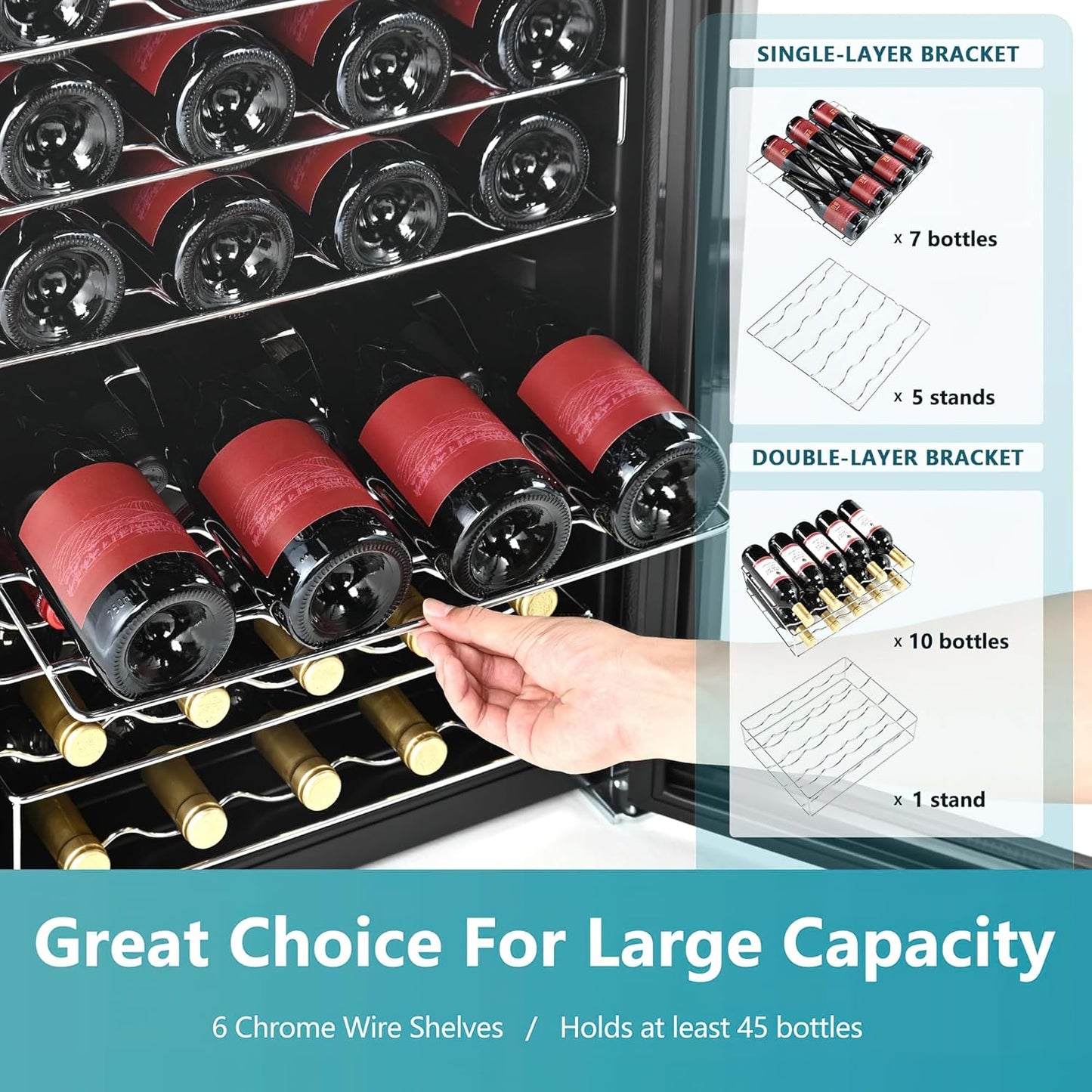 EUHOMY 45 Bottle Wine Cooler Refrigerator, Small Built-in Wine Fridge for Red, White and Champagne, 4.5 Cu.ft Mini Fridge with Adjust Temperature, Black