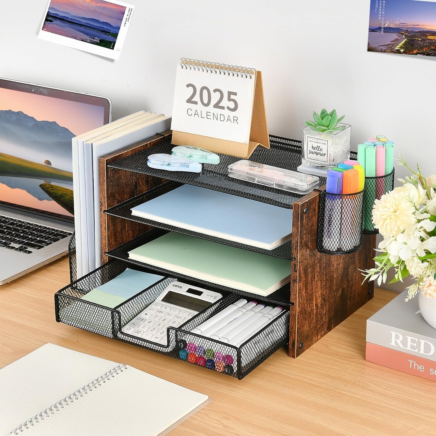 Desk Organizer and Accessories, 4-Tier Desktop File Organizer with Drawer and 2 Pen Holders, Office Desk Accessories for Office Supplies(Wood)