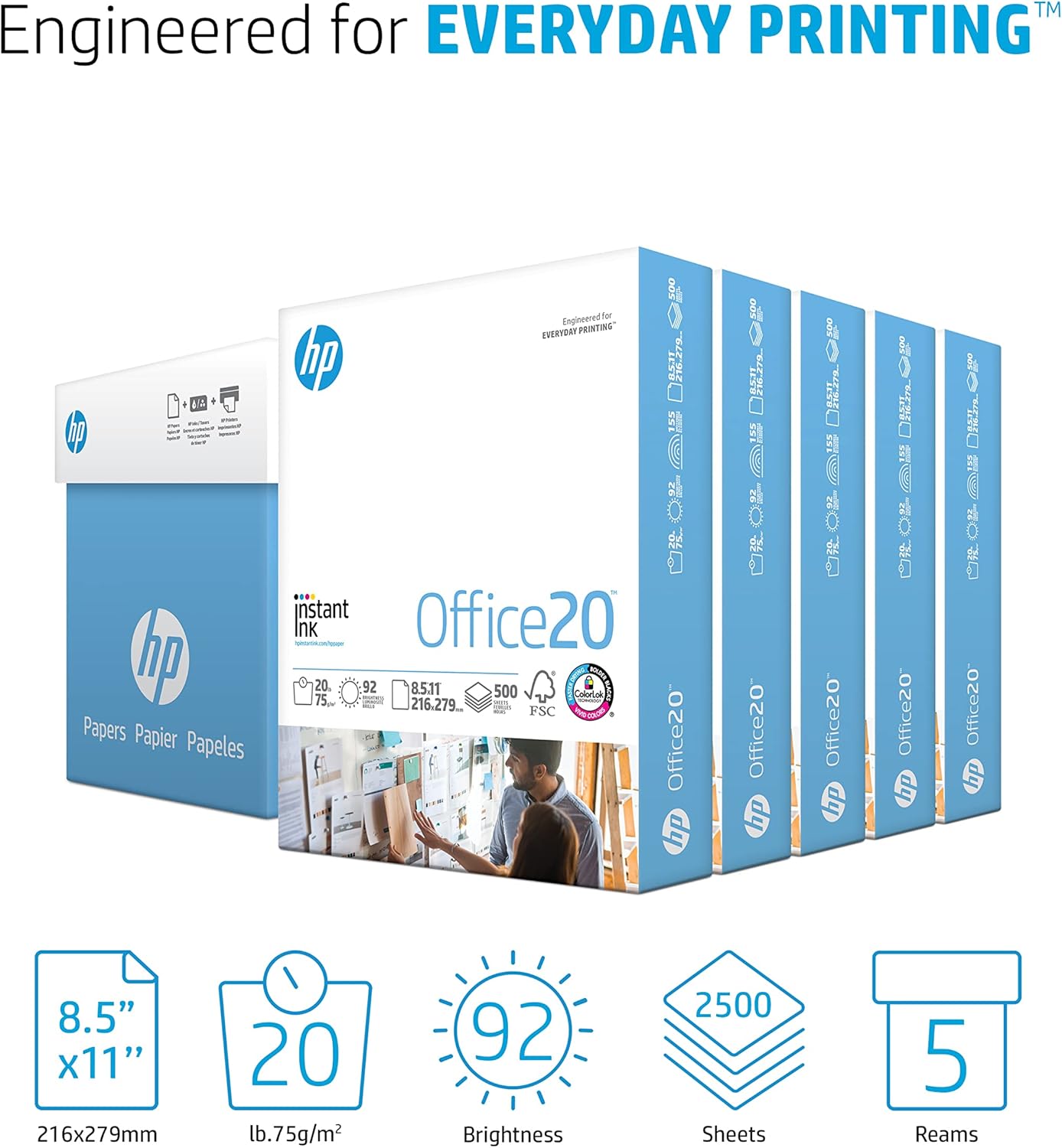 HP Paper Printer Paper 8.5x11 Office 20 lb 5 Ream Case 2500 Sheets 92 Bright Made in USA FSC Certified Copy Paper HP Compatible 112150C