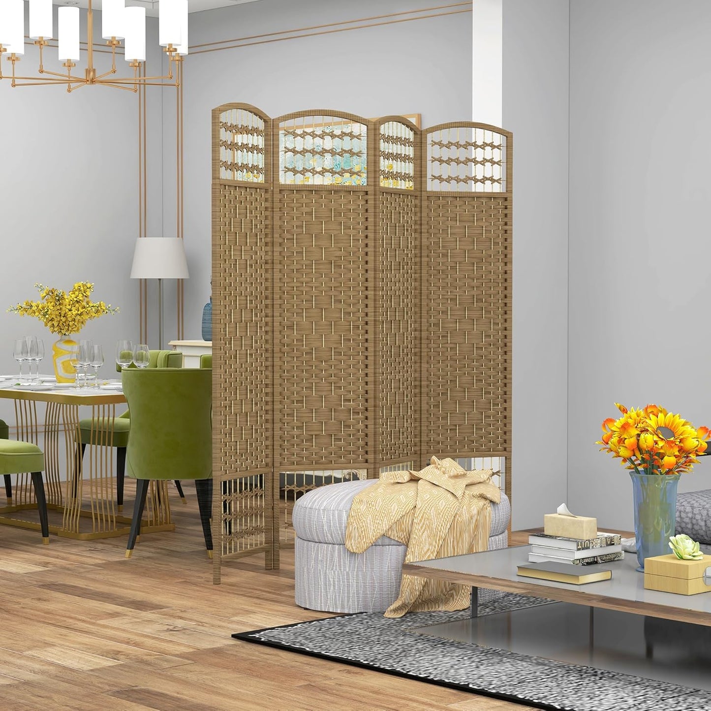 HOMCOM 4 Panel Room Divider, Folding Privacy Screen, 5.6' Room Separator, Wave Fiber Freestanding Partition Wall Divider, Natural