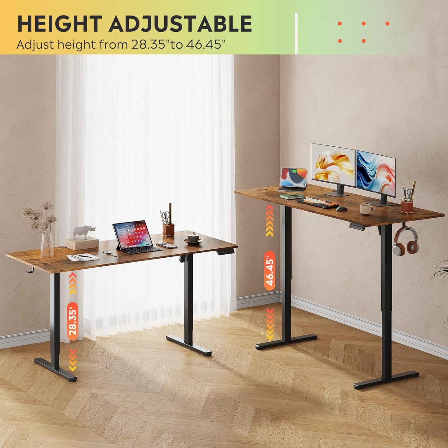 DEVAISE 63 Inch Electric Standing Desk, 3 Adjustable Height Stand up Desk for Home Office, Ergonomic Sit to Stand Desk with LED Touchscreen, Hook, 3 Memory Preset Computer Desk (Rustic Brown)