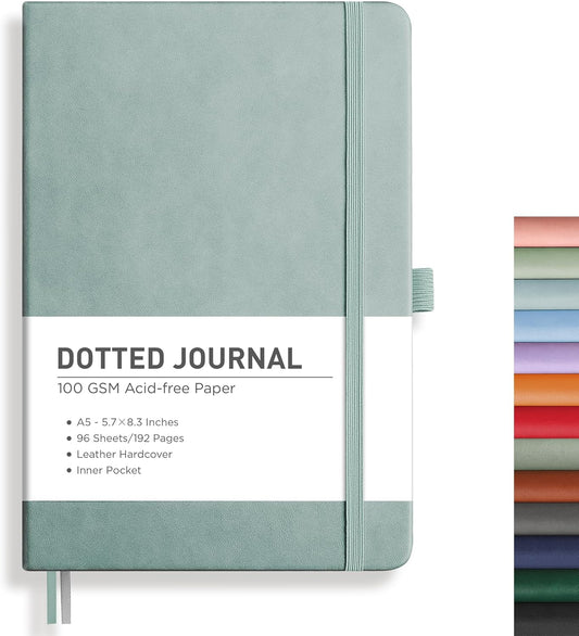 RETTACY Bullet Dotted Journal Notebook, 192 Pages, A5 Medium Size (5.7'' x 8.3''), Leather Hardcover, 100 GSM Thick Paper, for Bullet Journaling, Planning, Tracking (Blue-gray)