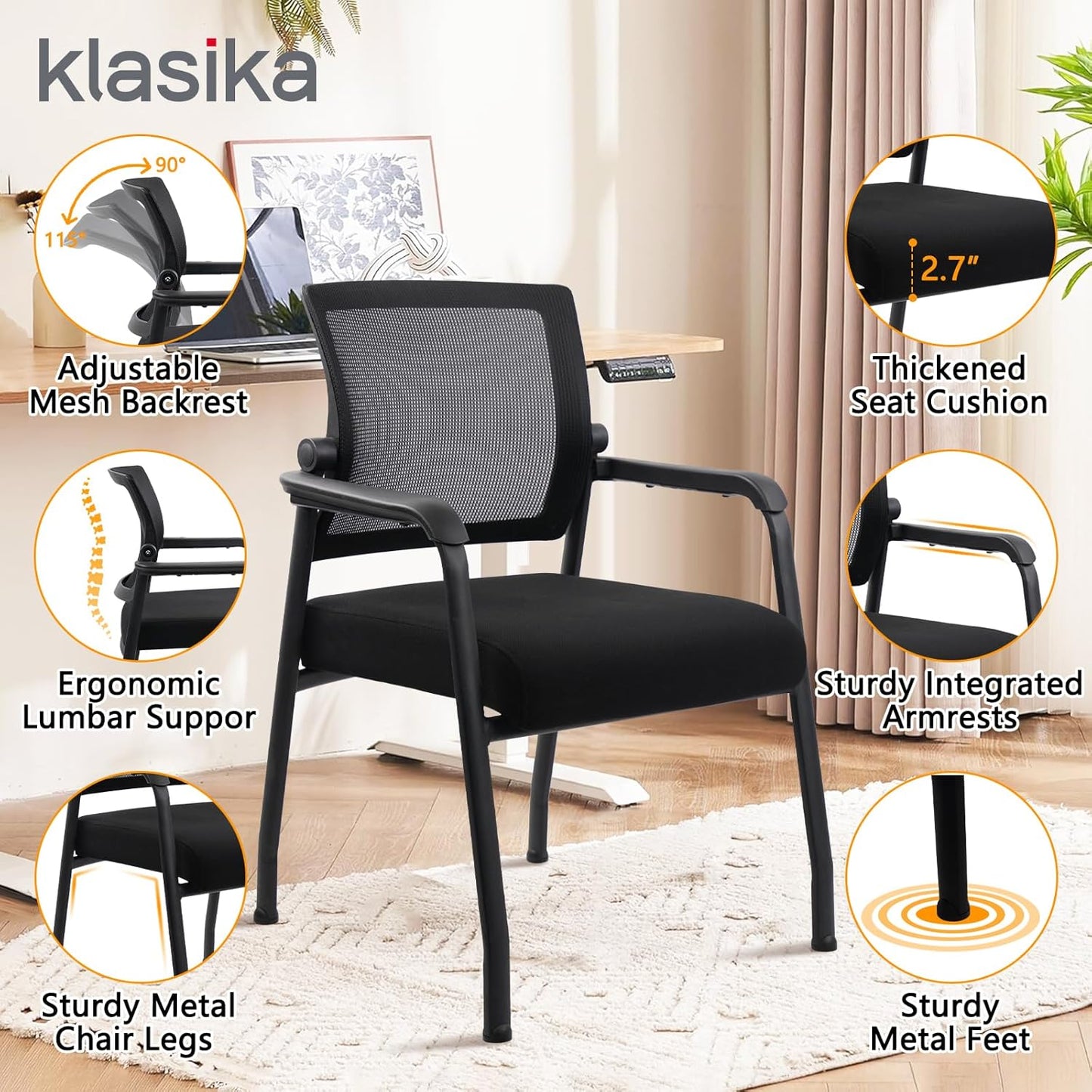 Desk Chair No Wheels with Adjustable Mesh Backrest, Arm Chair with Ergonomic Lumbar Support and Thickened Seats Cushion, Waiting Room Chairs for Office School Church Guest Reception, 8PACK