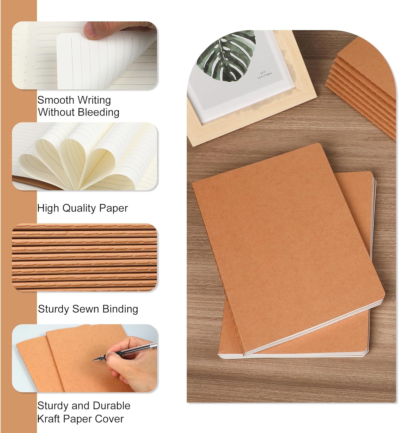 miikoul 4 Pack A5 Kraft Paper Notebook Lined Journal Bulk, 8.3 X 5.5 Inch, 60 Pages/30 Sheets, 80gsm, Travel Notebook Notepad for Adult, Students, Gift, Office, Back to School Supplies