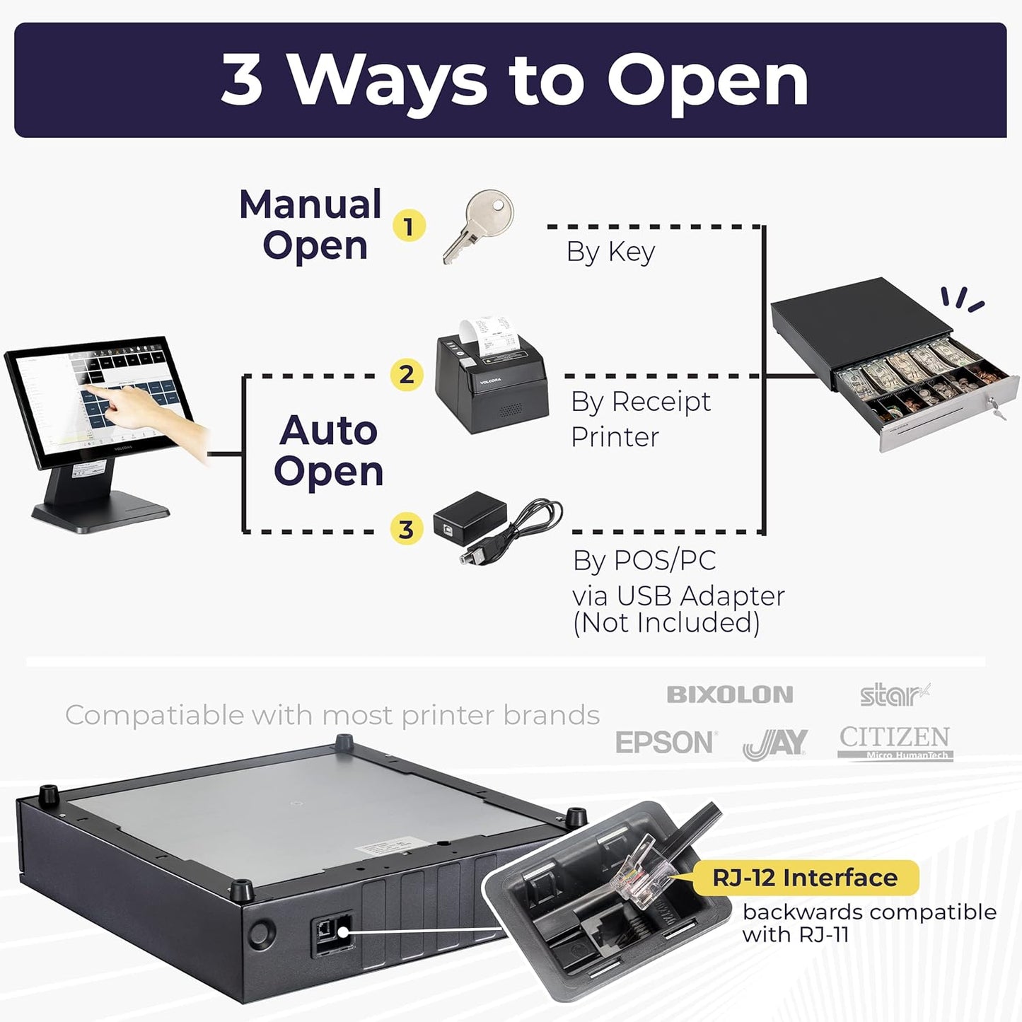 Volcora Cash Register Drawer for (POS) Point of Sale System 16", Stainless Steel Removable Coin Tray, 5 Bill/6 Coin, 24V, RJ11/RJ12 Key-Lock, Media Slot,Cash Till, Money Drawer for Businesses, Black