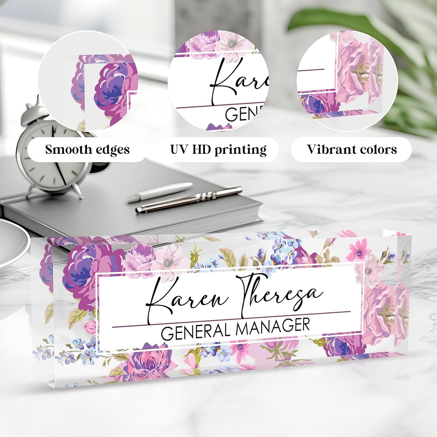 Custom Office Name Plate, Personalized Gifts for Women & Men, Appreciation Gifts for Employees, Boss, Teacher - Office Desk Accessory (Purple Hydrangea Flower)