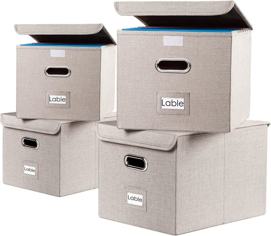 PRANDOM File Organizer Box - Set of 4 Collapsible Decorative Linen Filing Storage Hanging File Folders with Lids Office Cabinet Letter Size Light Grey (15x12.2x10.75 inch)
