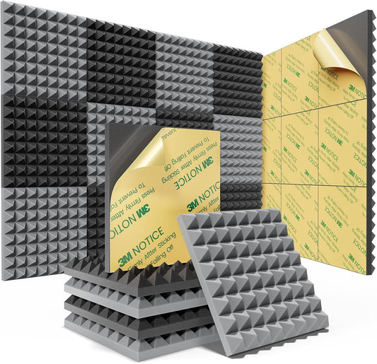 Sonicism Sound Proof Foam Panels for walls Self-Adhesive Pyramid 12 Pack,12" X 12" X 1" Acoustic Panels,35kg/m³High Density Soundproof Wall Panels Fast Expand,Sound Absorption&Decoration,Black/Gray
