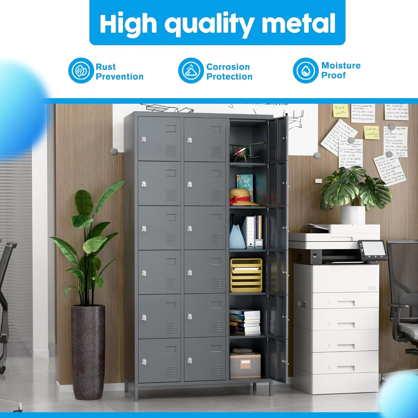 Metal Storage Locker with 18 Doors and Business Card Holder,Metal Lockers for Employees with Lock for School Garage Office Gym,Assembly Required,Dark Grey