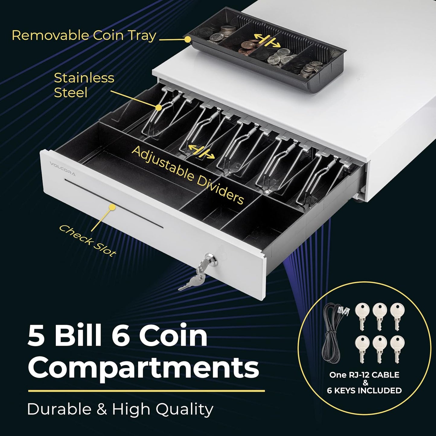 Volcora 16" Cash Register Drawer for Point of Sale (POS) System with 5 Bill 6 Coin Cash Tray, Removable Coin Compartment, 24V, RJ11/RJ12 Key-Lock, Media Slot, White - for Stores, Shops and Businesses