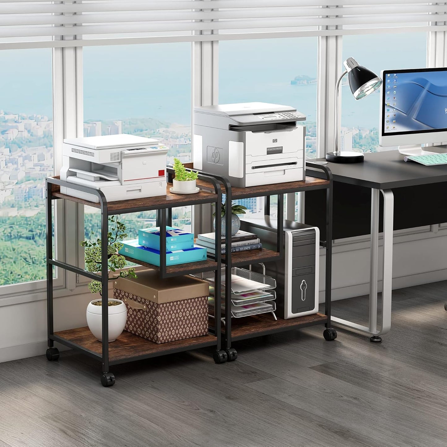 22 x 18 Inch Large Printer Stand, Mobile Printer Table with Wheels for Home Office Storage and Organization, PC Tower Stand, Host Computer Cart, Shelf for Desktop CPU Shredder - Rustic Brown