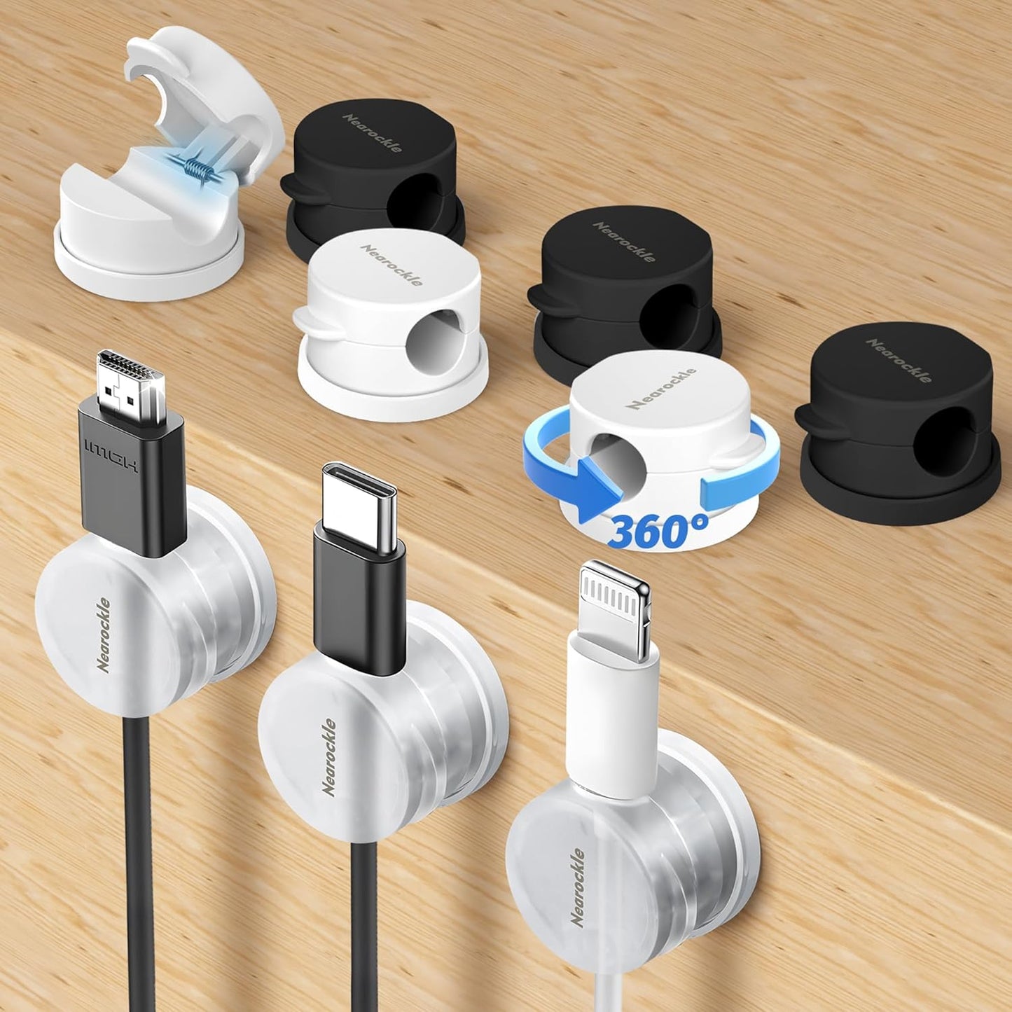 9 Pack Spring Cord Organizer Cable Clips [Locking Cable Rotatable], 2025 Latest Nearockle Phone Charging Cord Holder Cable Management for Car, Nightstand, Office Desk Accessories (Multi)