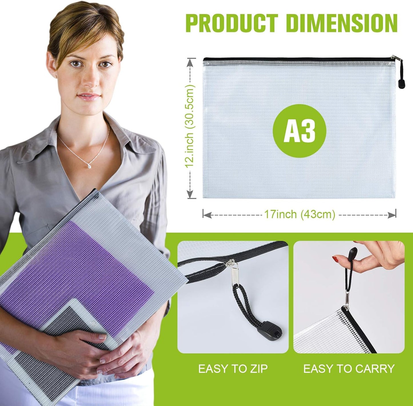 12PCS Mesh Zipper Pouch, Waterproof Tear-Resistant Document File Folders, A3 Size Zipper Documents Pouch Document Organizer Bags for School Office Home Travel Storage(17×12Inch)