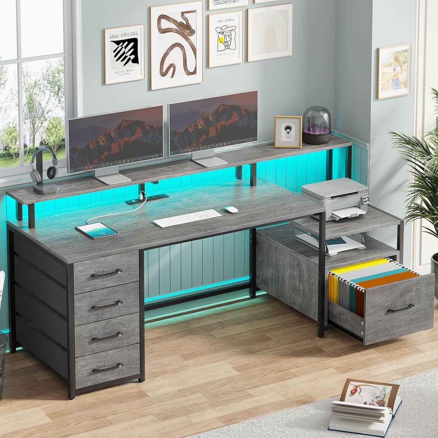 SEDETA Home Office Desk with File Drawer & Power Outlet, 66'' Computer Desk with 5 Drawer, Storage Shelves, Printer Cabinet and Monitor Shelf, Gaming Desk with Led Lights, Grey