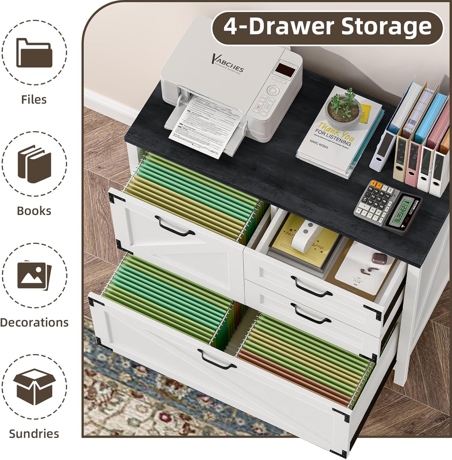 4-Drawer Wood Lateral File Cabinet for Hanging Files Letter/A4/Legal Size, Large Farmhouse File Cabinets for Home Office, Printer Stand with Office Cabinet, White and Black