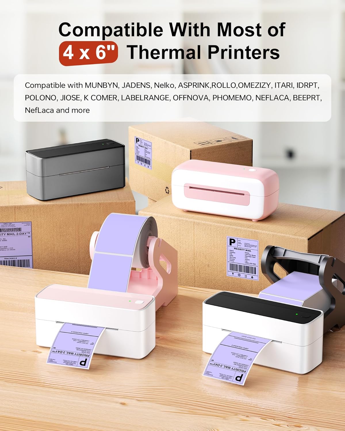 Phomemo 4x6 Thermal Labels for Shipping Label Printer - 500PCS Purple Mailing Labels - 4x6 Direct Thermal Labels Fanfold Compatible with Rollo,MUNBYN,iDPRT,JADENS,POLONO - Water/Oilproof - NO BPA/BPS