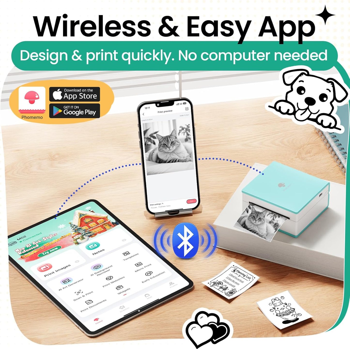 Phomemo Mini Sticker Printer- Mini Printer Sticker Maker Machine M02, Print Pods Suitable for Student Name Label, Study Notes, Creative DIY, Diaries, Portable Thermal Printer for School/Home/Office
