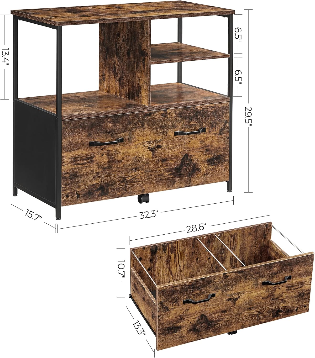 VASAGLE Lateral File Cabinet for Home Office, Filing Cabinet with Open Shelves and Drawer, for A4, Letter and Legal Sized Documents, Printer Stand, Rustic Brown and Ink Black UOFC043B01
