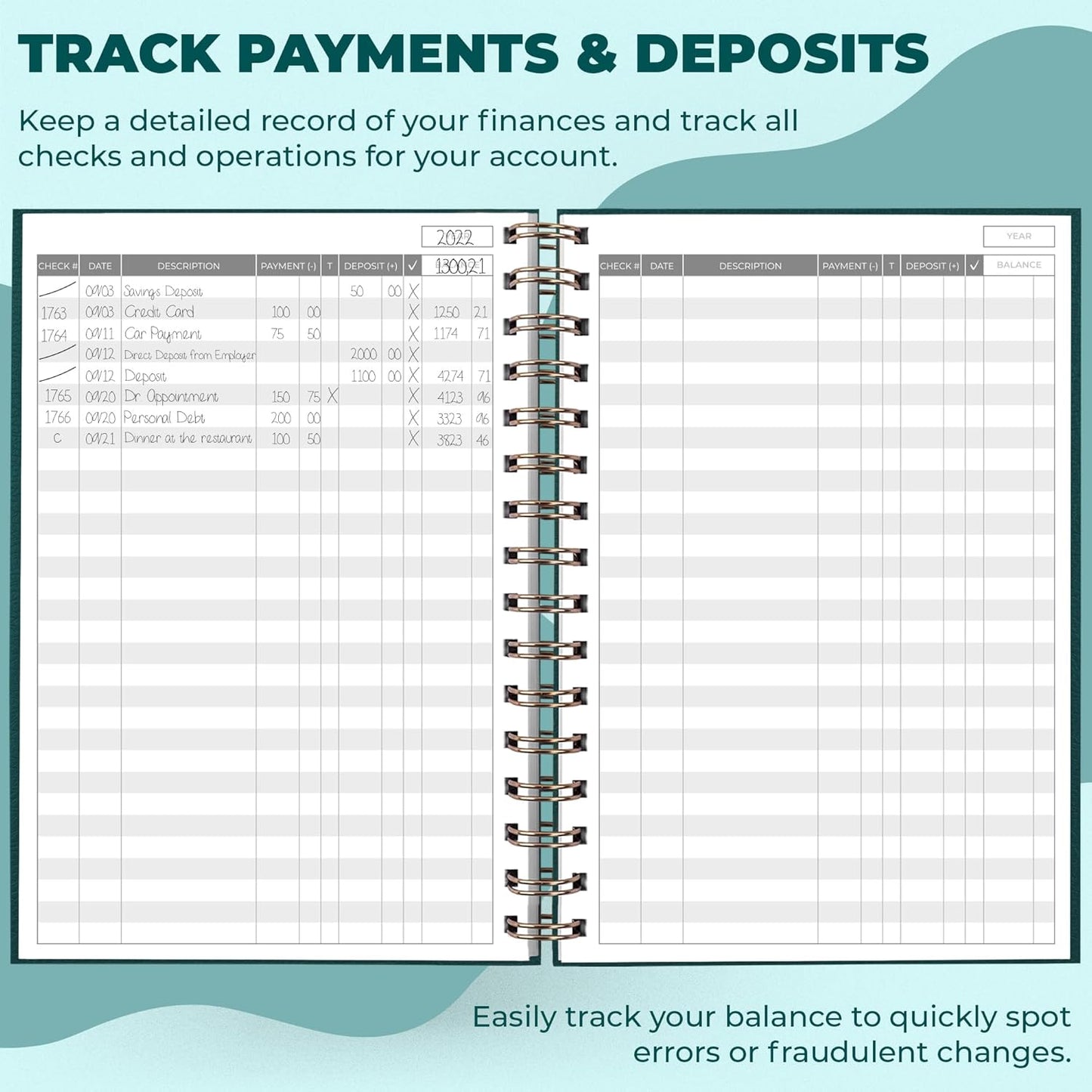 Clever Fox Check Register for Personal Checkbook – Checking Book Register – Checkbook Register – Accounting Ledger Book – 3968 Entry Lines, 6.1" x 8.3", Spiral Binding, Hardcover, Dark Teal