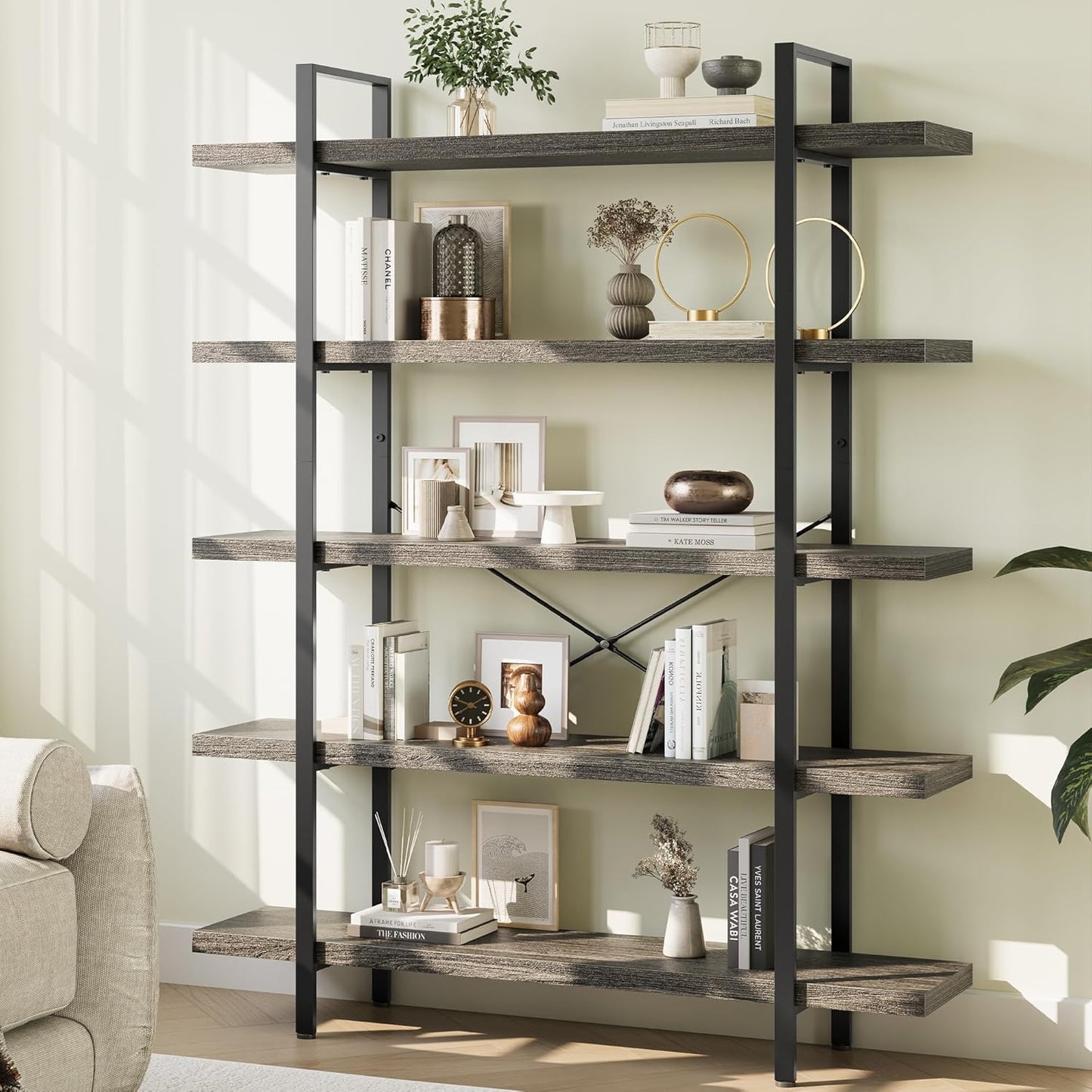 Heavy Duty 5-Tier Industrial Bookcase, 47" Wide Wood Bookshelf for Home Office, 120lbs Shelf Capacity, Rustic Shelving Display with Reinforced Horizontal Shelf for Living Room Bedroom,Grey