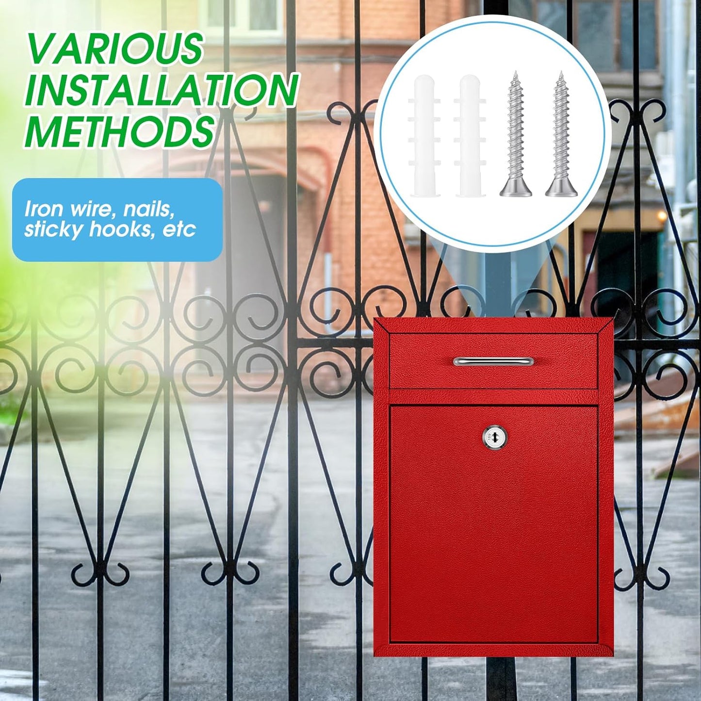 Locking Mailbox with Key for Outdoor 12.2 x 8.5 x 3 Inches Large Wall Mount Mail Box with Lock Security Mail Drop Metal Collection Boxes Hanging Secure Postbox(Red)