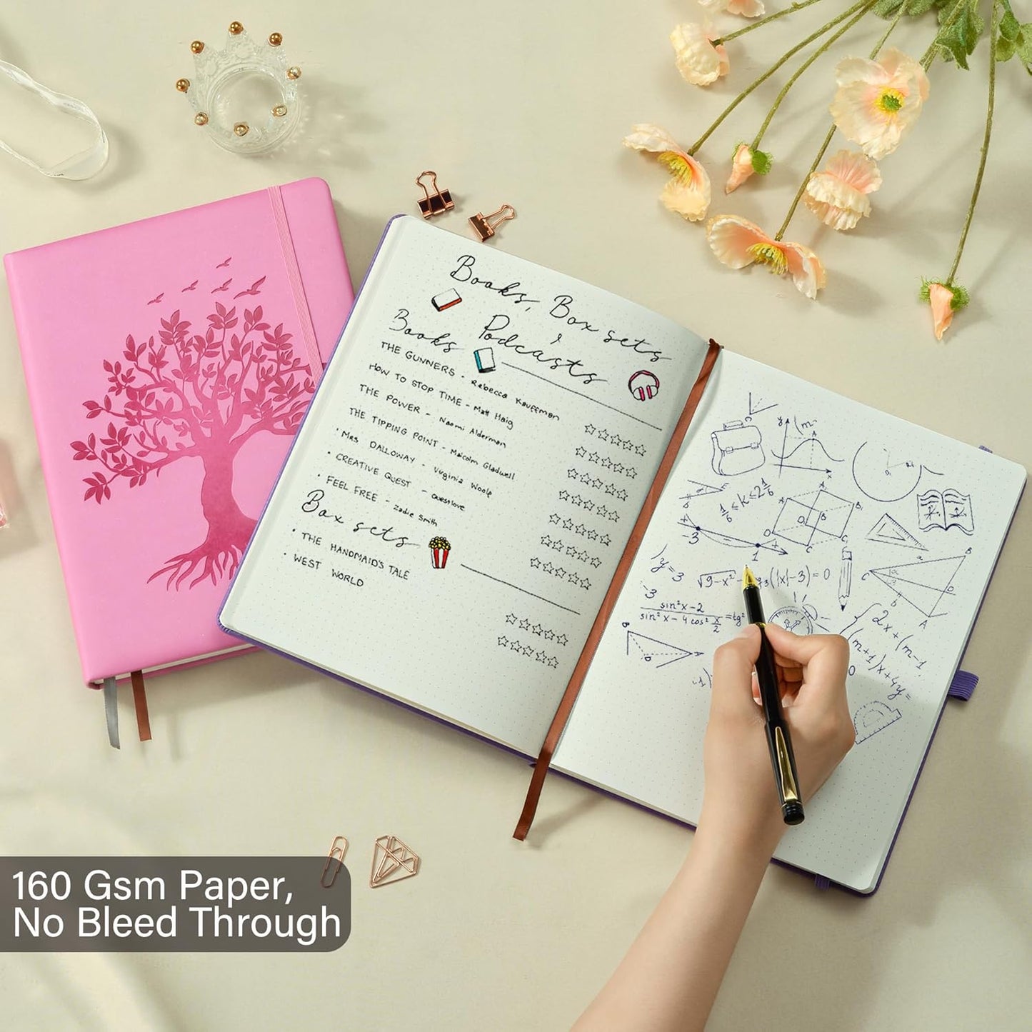 ZXHQ A5 Bullet Dotted Journal Notebook for Women -150gsm Thick Paper, 256 Pages, Dot Grid Hardcover, Tree of Life Design, Fine Inner Pocket - 5.9" × 8.5" Pink