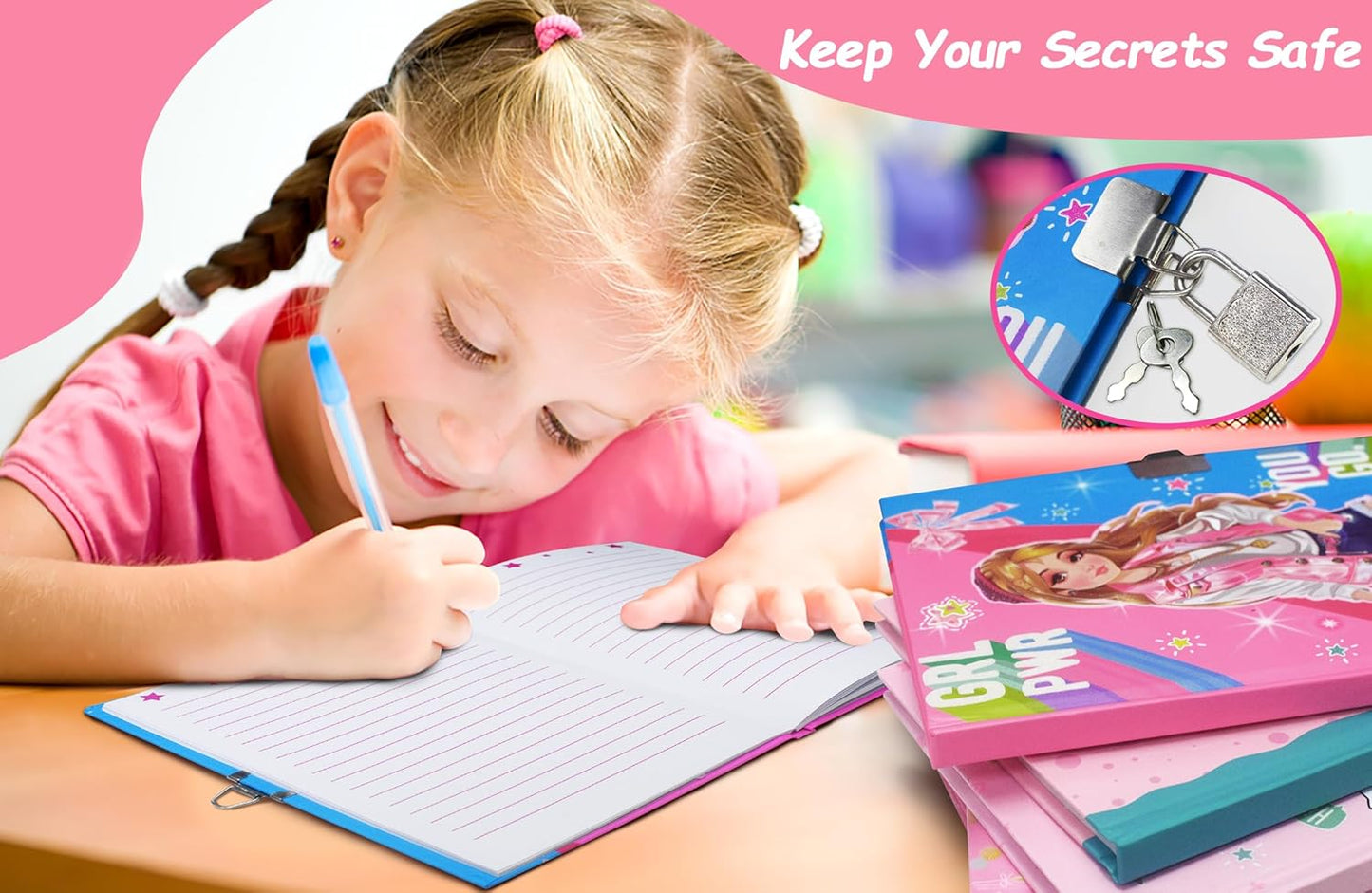 Girls Diary with Lock for Kids, 7x5.25 Inches 160 Lined Pages Secret Pink Girly Notebook for Girls Journal with Lock for Kids Pre School Writing Drawing Cute Girls Gifts for Birthday