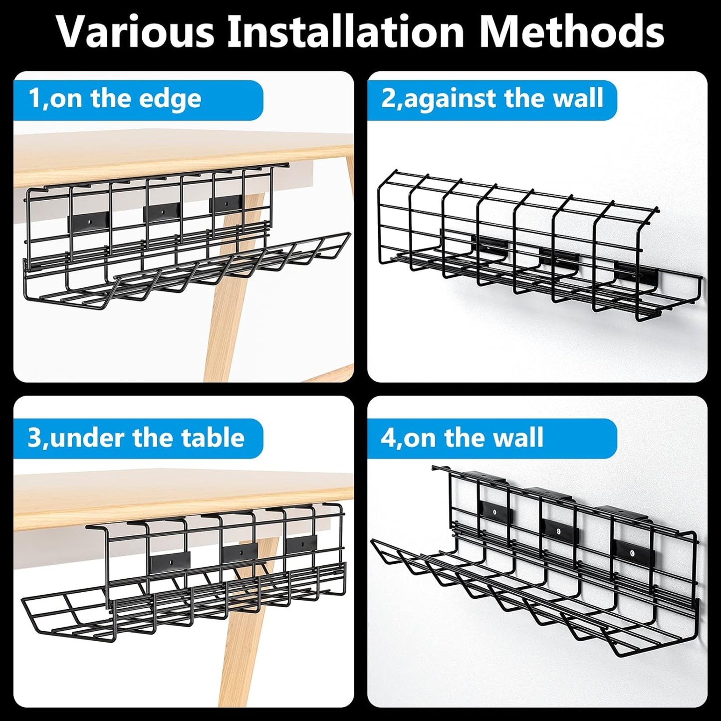 2 Pack DELAMU Under Desk Cable Management Tray, Metal Cord Cable Organizer for Desk, Easy Install Pre-drilled Wire Management Wire Organizer for Office & Home