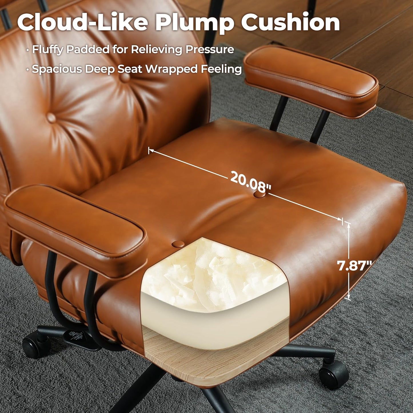 ovios Ergonomic Home Office Chair, Mid-Century Modern Faux Leather Chairs with Thickened Cushions, Comfy High Back Swivel Rolling Executive Computer Armchair (Brown, PU Leather)