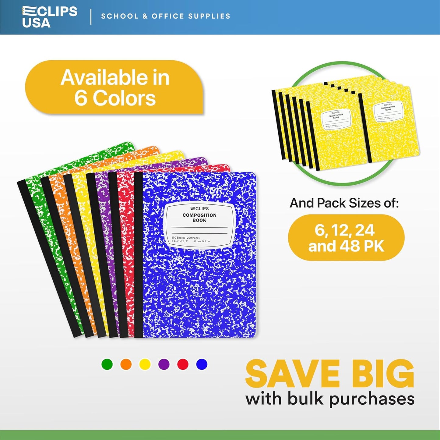 E-CLIPS USA Composition Notebooks, (24 Pack), Wide Ruled Composition Notebook, Marble Composition Notebook, 100 sheets, 200 Pages (24, Yellow)
