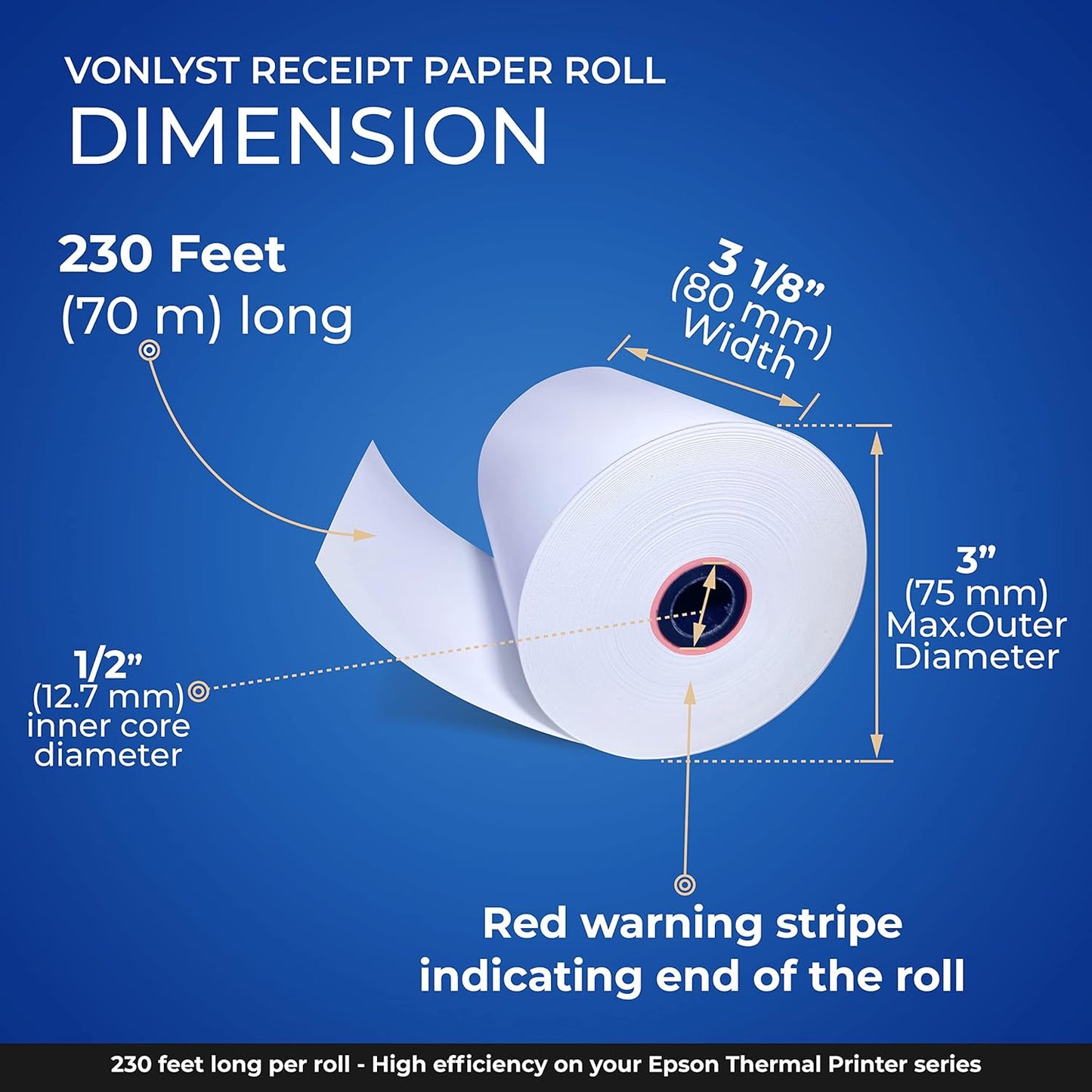 3 1/8 x 230 Thermal Paper Receipt Roll for Epson Printer (Pack 24 rolls)