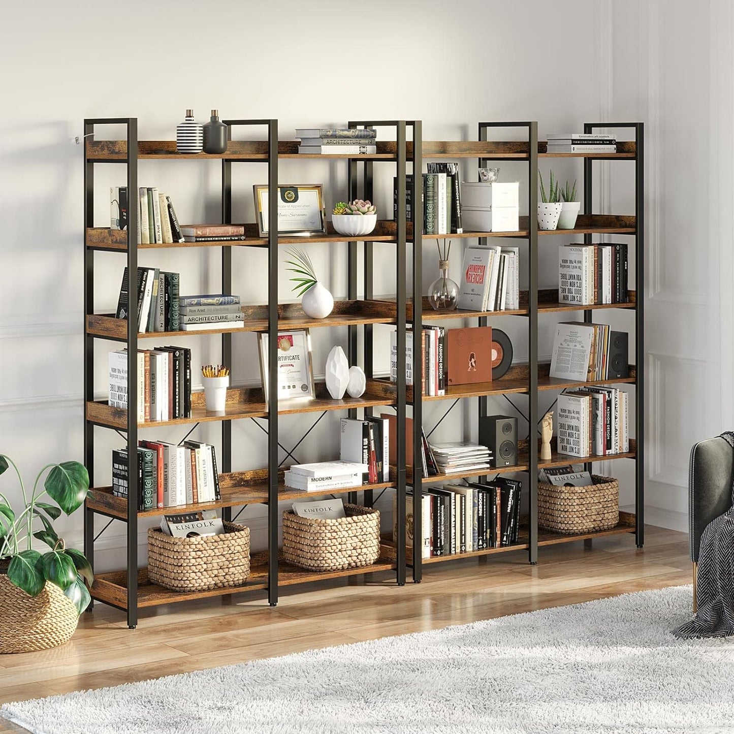 Seventable Bookshelf 6 Tier with 4 Hooks, 67” Industrial Wooden Bookcase, Vintage Storage Rack with Open Shelves, Rustic Standing Bookshelves Metal Frame 43.3” Wide Display Rack, Rustic Brown