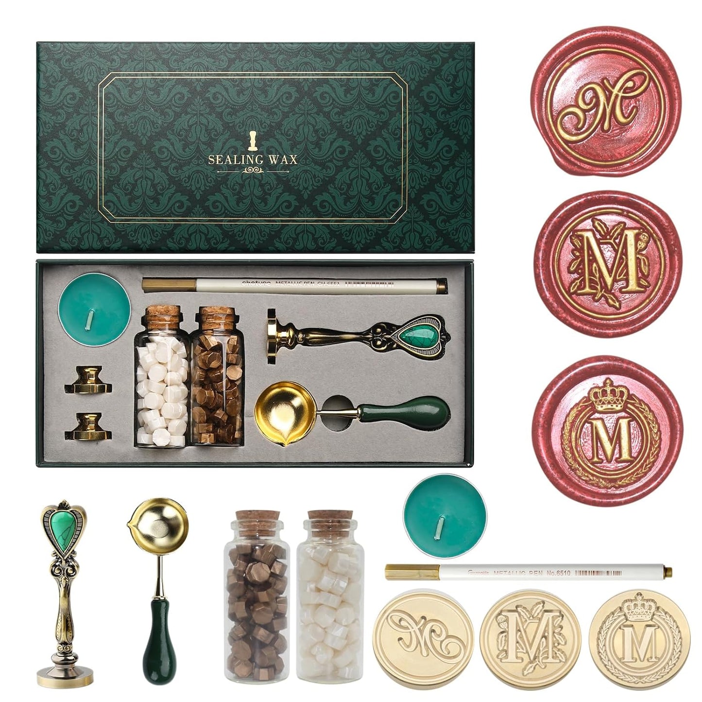 Letter Wax Seal Stamp Kit, Andotopee Wax Seal Kit Initial Alphabet M Sealing Wax Stamp Head 3pcs, Vintage Wax Stamp Seal Kit with Wax Seal Beads, Wax Seal Warmer Tools, Wax Seal Pen, Gift Box Set