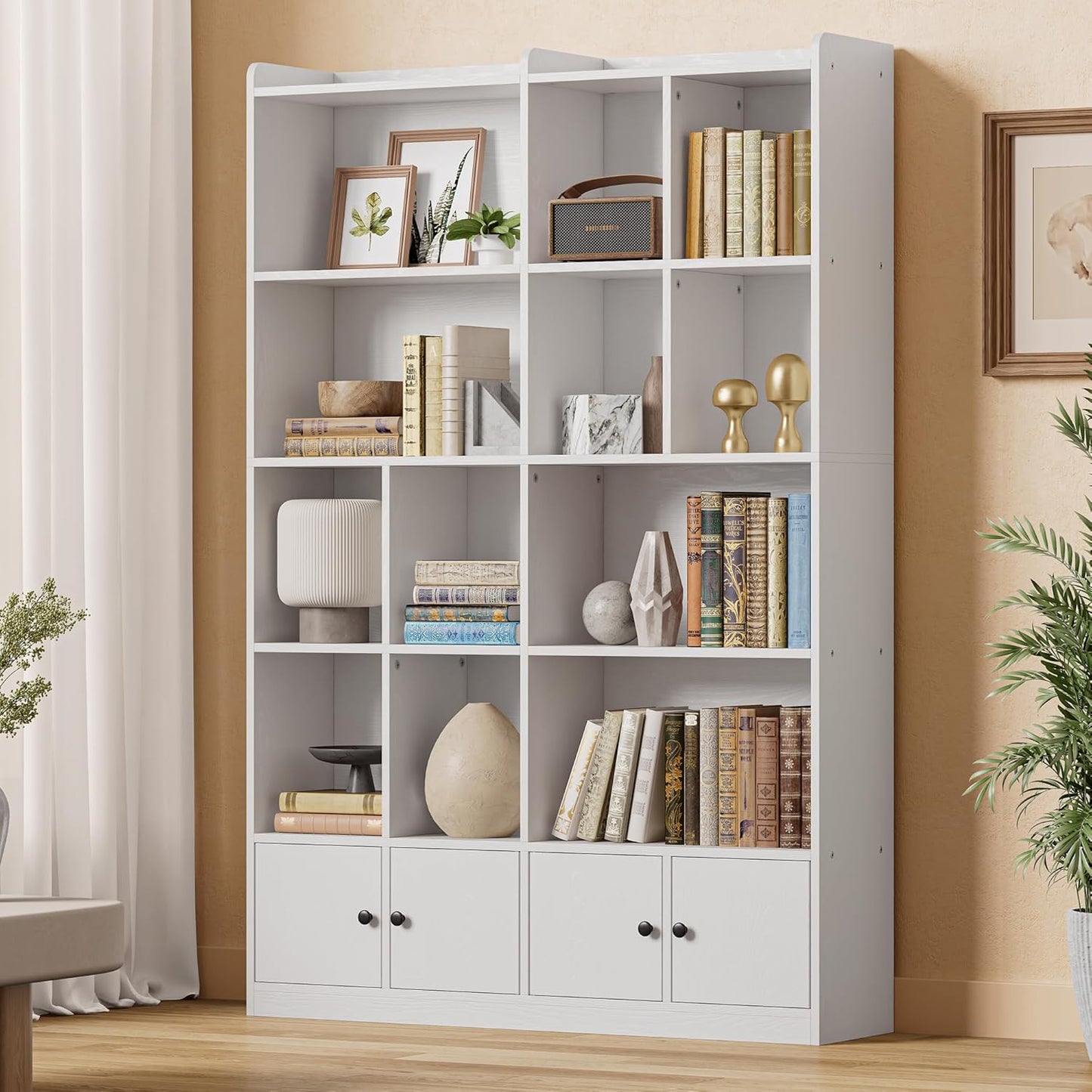 IRONCK Bookshelves and Bookcase, 6 Tiers Large Bookshelf with 4 Doors, Floor Standing Tall Display Storage Shelves for Home Office, Living Room, Bedroom, White