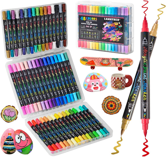 48 Colors Acrylic Markers,Dual Tip Acrylic Paint Markers with Fine Tip and Brush Tip,Acrylic Paint Pens for Rock Painting,Fabric,Crafts,Wood,Glass,Canvas,Plastic,Scrapbook,Art Supplies
